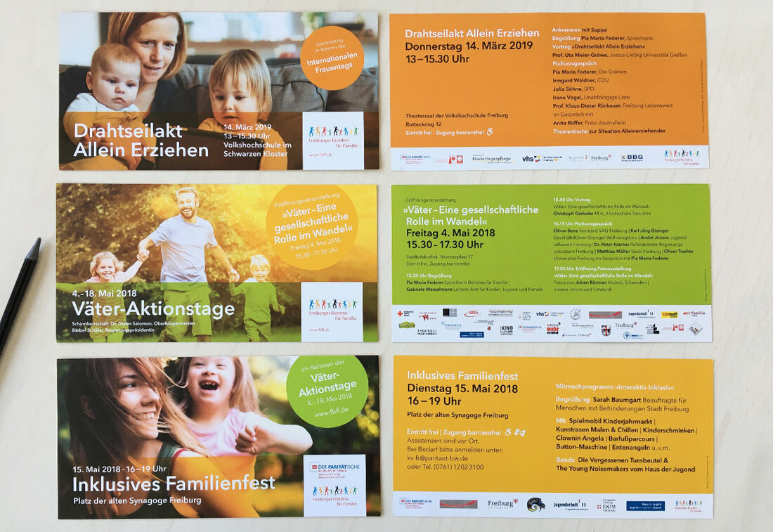Einladungskarten: Veranstaltungen des Freiburger Bündnis für Familie. Design: Hildegard Brinkel