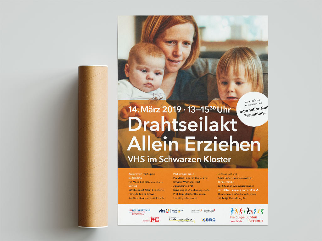 Veranstaltungsplakat: Drahtseilakt Allein Erziehen des Freiburger Bündnis für Familie 2019. Design: Hildegard Brinkel