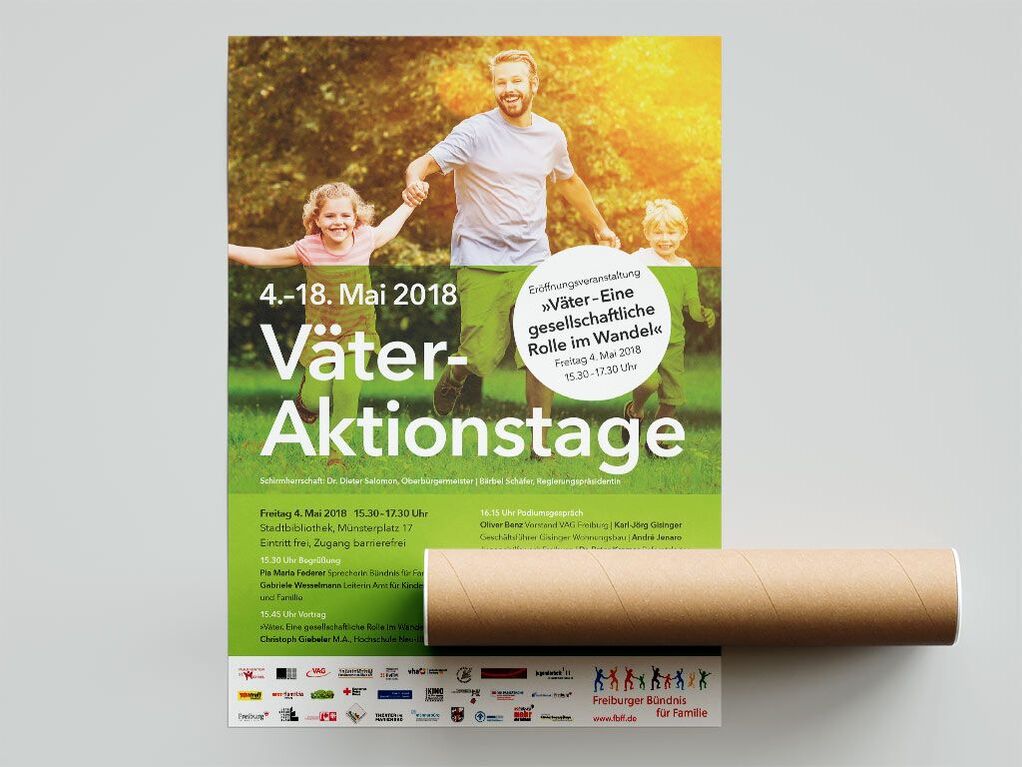 Veranstaltungsplakat: Väter-Aktionstage 2018 Freiburg vom Freiburger Bündnis für Familie. Design: Hildegard Brinkel